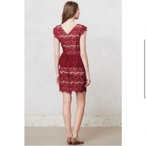 Anthropologie Maeve Elsa Burgundy Red Lace Peplum Sheath Cap Sleeve Dress Sz L - Picture 2 of 8